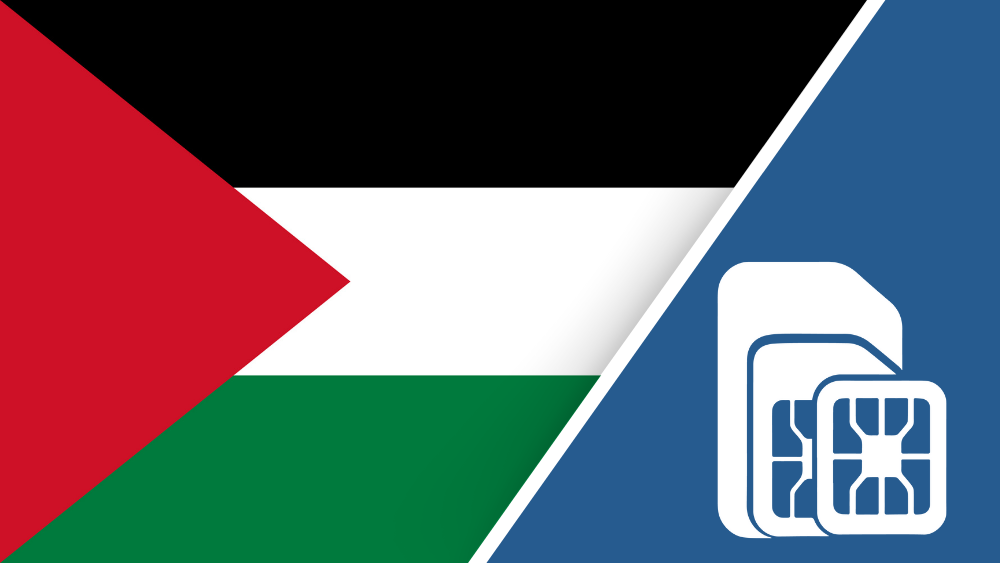 Palestine SIM Card – Travel connectivity for Palestine. Image featuring the Palestinian flag and a SIM card icon
