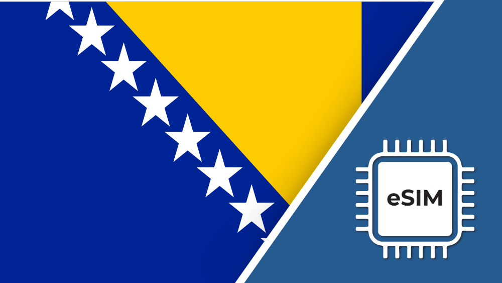 eSIM – Travel connectivity for Bosnia and Herzegovina. Image featuring the Bosnia and Herzegovina flag and an eSIM icon.
 