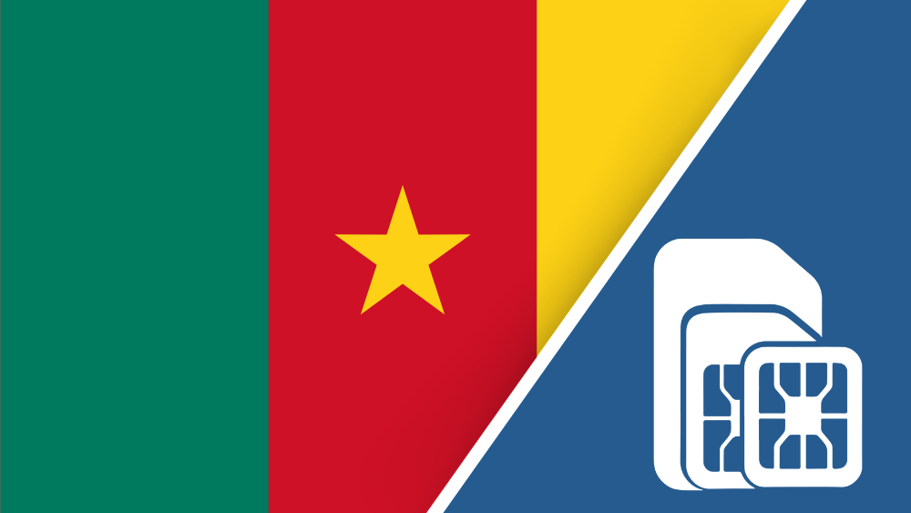 Cameroon SIM Card – Travel connectivity for Cameroon. Image featuring the Cameroon flag and a SIM card icon.
 