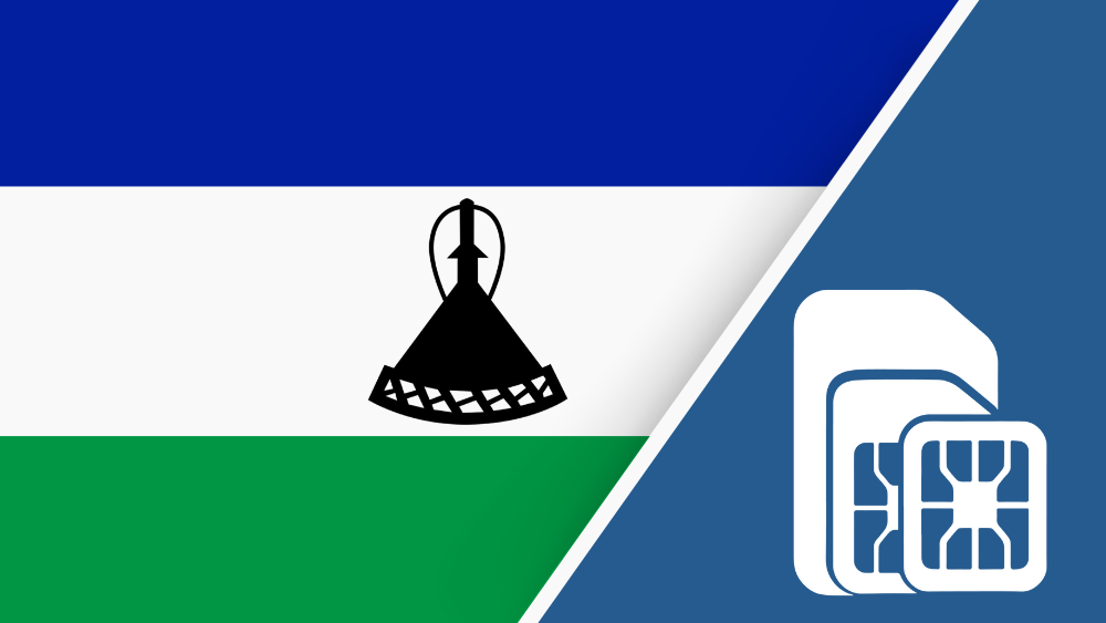 Lesotho SIM Card – Travel connectivity for Lesotho. Image featuring the Lesotho flag and a SIM card icon.